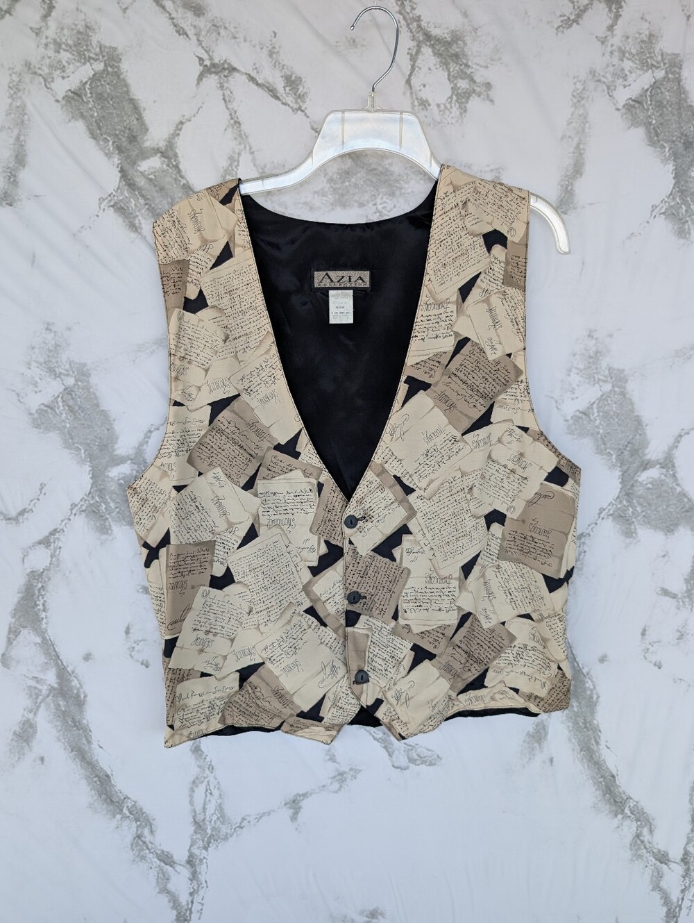 Vintage Azia Collection Taupe Letter Graphic Button Up Vest Men's Medium